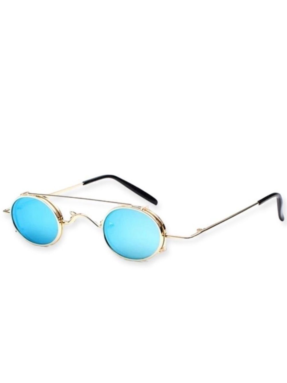 Retro Oval Blue Mirror Clip On Sunglasses Gold NWT